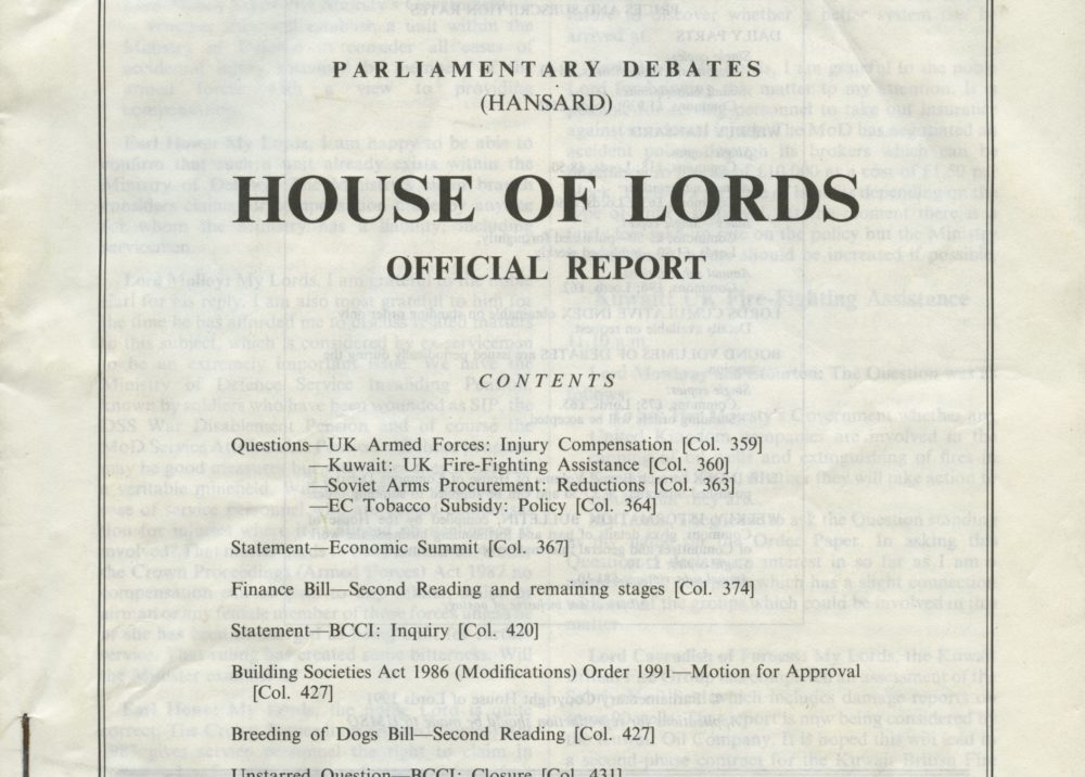 Hansard Parliamentary Debates House of Lords Official Report, vol. 531., no. 127. (1991)